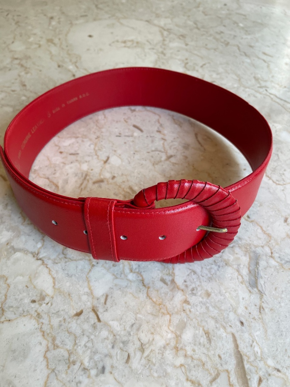 Ferrari Red Leather Belt with Woven Buckle 2 in" width. Pop of Red